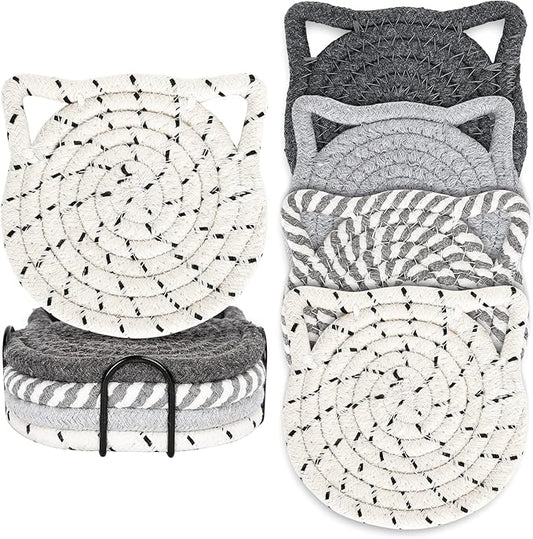 Whaline Cat Ears Coaster Set Cat Ear Shape Handmade Braided Cotton Coasters White Grey Non-Slip Absorbent Drink Coaster with Holder for Spring Mother's Day Birthday Housewarming Gifts Home Decor, 4Pcs