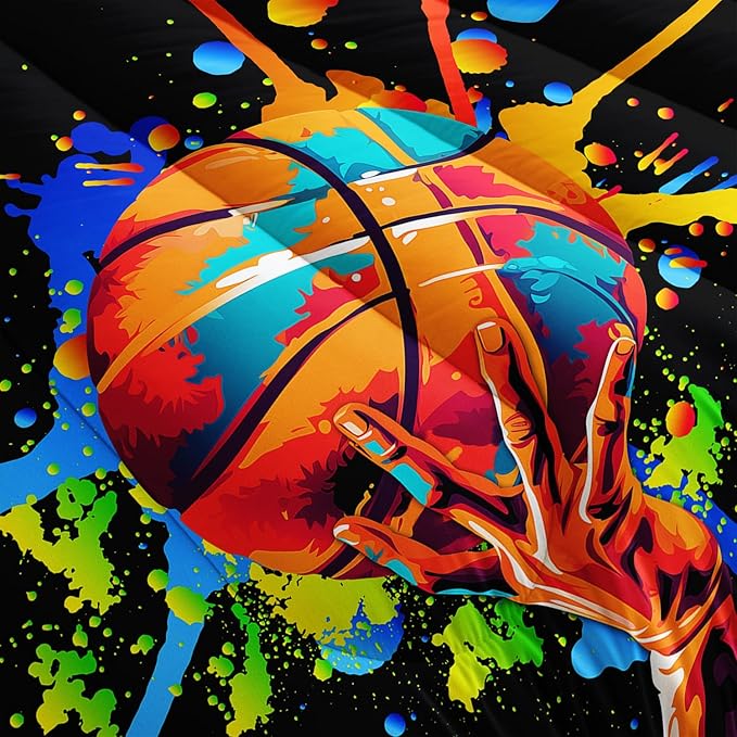 Black Basketball Comforter Set King Size,Watercolor Tie-dye Comforter Color Graffiti Hip Hop Style King Bed Set,Ball Sports Games Bedding Set for Teens Kids Bedroom Decor with 2 Pillowcases.