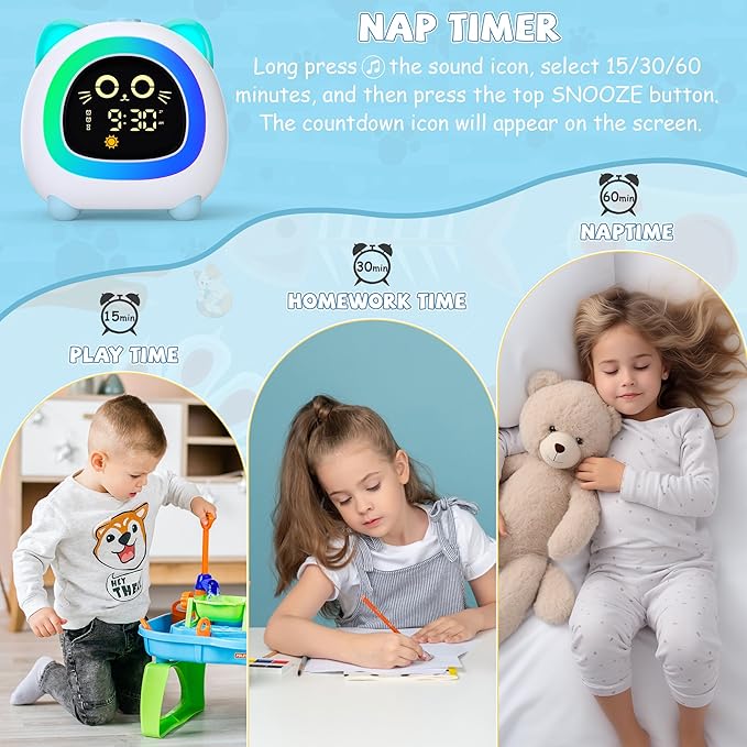 winshine Kids Alarm Clock Cat, OK to Wake Clock with Night Light for Kids, Stay in Bed Clock Sleep Training, Nap Timer, Cute Kids Room Decor, Gift Ideas for Kids Toddler Boy Girl (Blue)