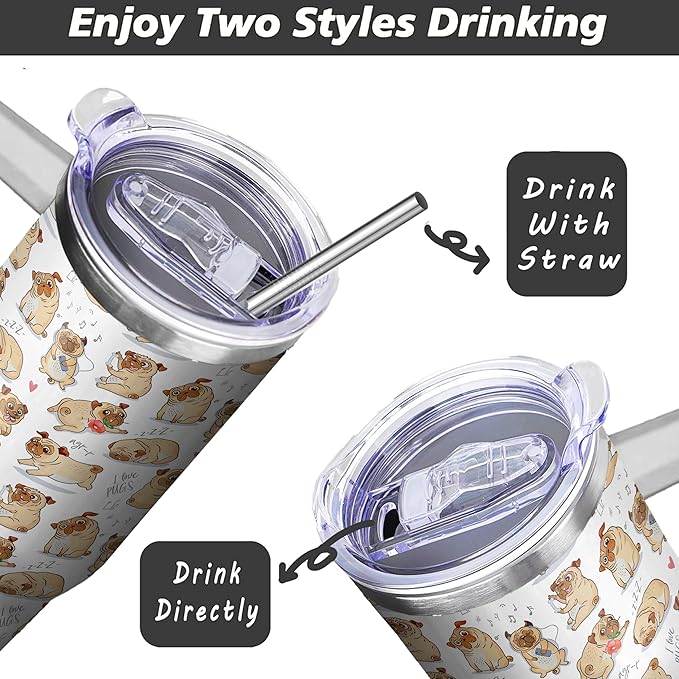 40 Oz Tumbler With Handle and Straw, Double Wall Stainless Steel Pug Coffee Cup, Insulated Mug for Dog Lovers, Dad or Mom Tumbler, Pug Gifts for Women and Men