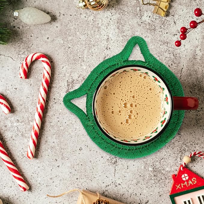 Whaline Cat Ear Coaster Set Cat Ear Shape Handmade Braided Cotton Coasters Red Green Non-Slip Absorbent Drink Coasters with Holder for Birthday Housewarming Gifts Home Decor, 4Pcs