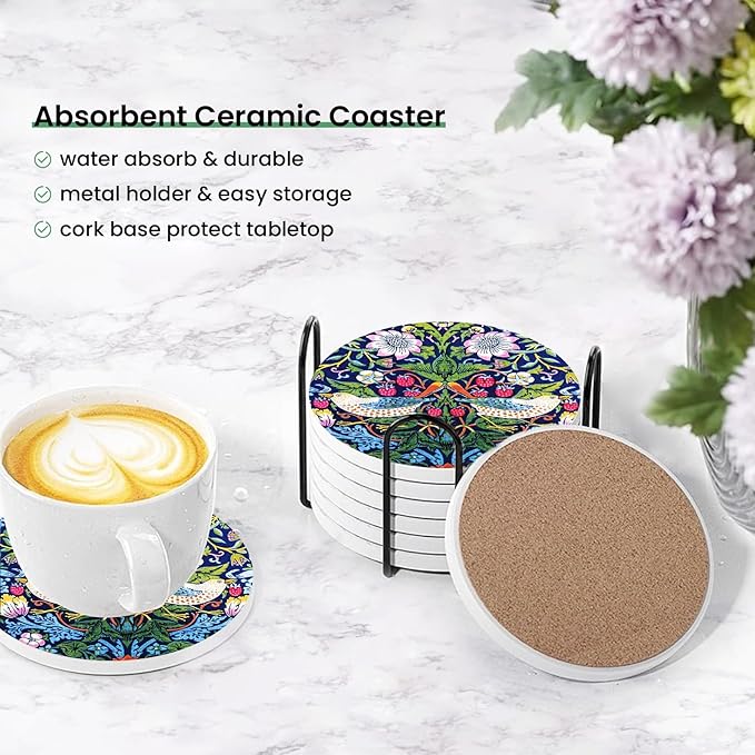 William Morris Flower Coasters Set of 6 for Drinks,Round Absorbent Ceramic Stone Coaster with Metal Holder,Morris Strawberry Thief Floral Coasters with Cork Base for Coffee Party Decor Gifts