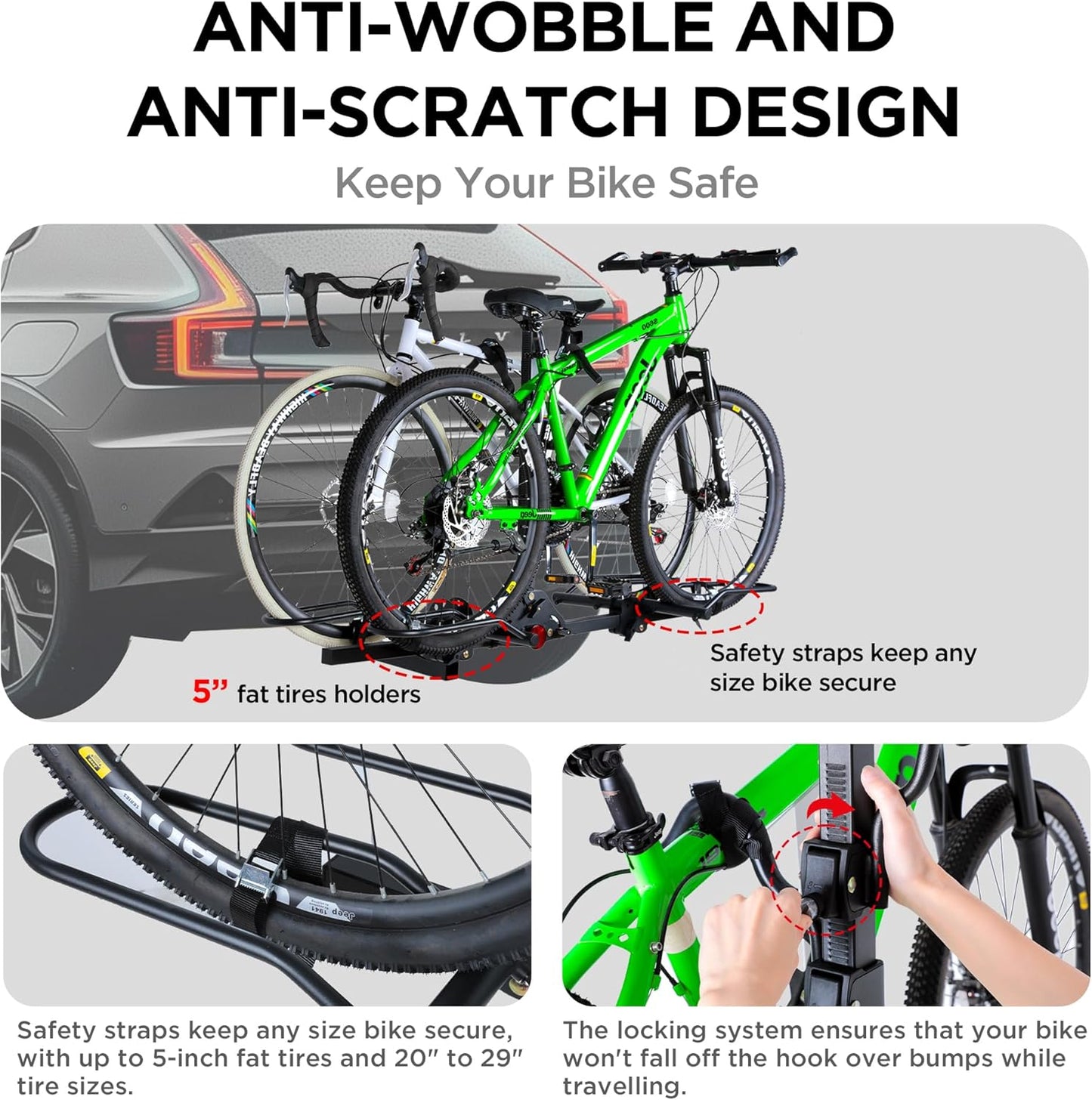 Young 200 lbs. Capacity Hitch Mounted 2-Bike Rack with Lock for Standard, Mountain, Fat Tire Bikes, fit Car, SUV, Van, RV, Trailer, Truck