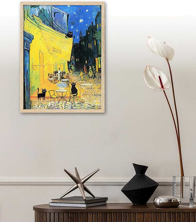 UPWOIGH Beige Oak Wood Yellow Framed Wall Art,3 Black Cats at Vincent Van Gogh's Cafe Terrace at Night,12"x16"Impressionist Painting,French Cityscape Print,Funny animals Art for Bedroom Bathroom,Gifts