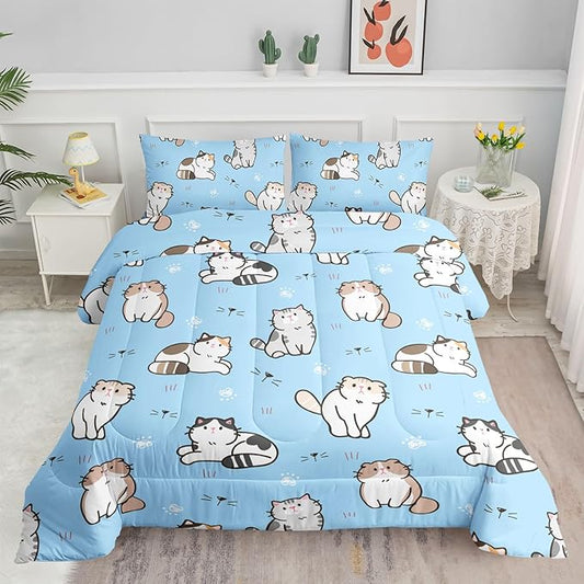 Blue Kawaii Cat Comforter Bedding Set for Girls Lovely Kitten Print Cute Animal Pattern with 1 and 2 Pillowcases Bedroom All Season(Cat Full), Full 80x90inches