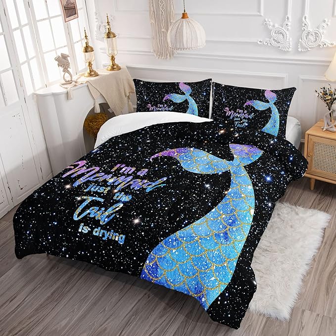 Bedding Comforter Set Black Starry Sky Mermaid Printed Pattern Quilt with 1 and 2 Pillowcases for Girls Bedroom All Season(Black Full) Full 80x90inches