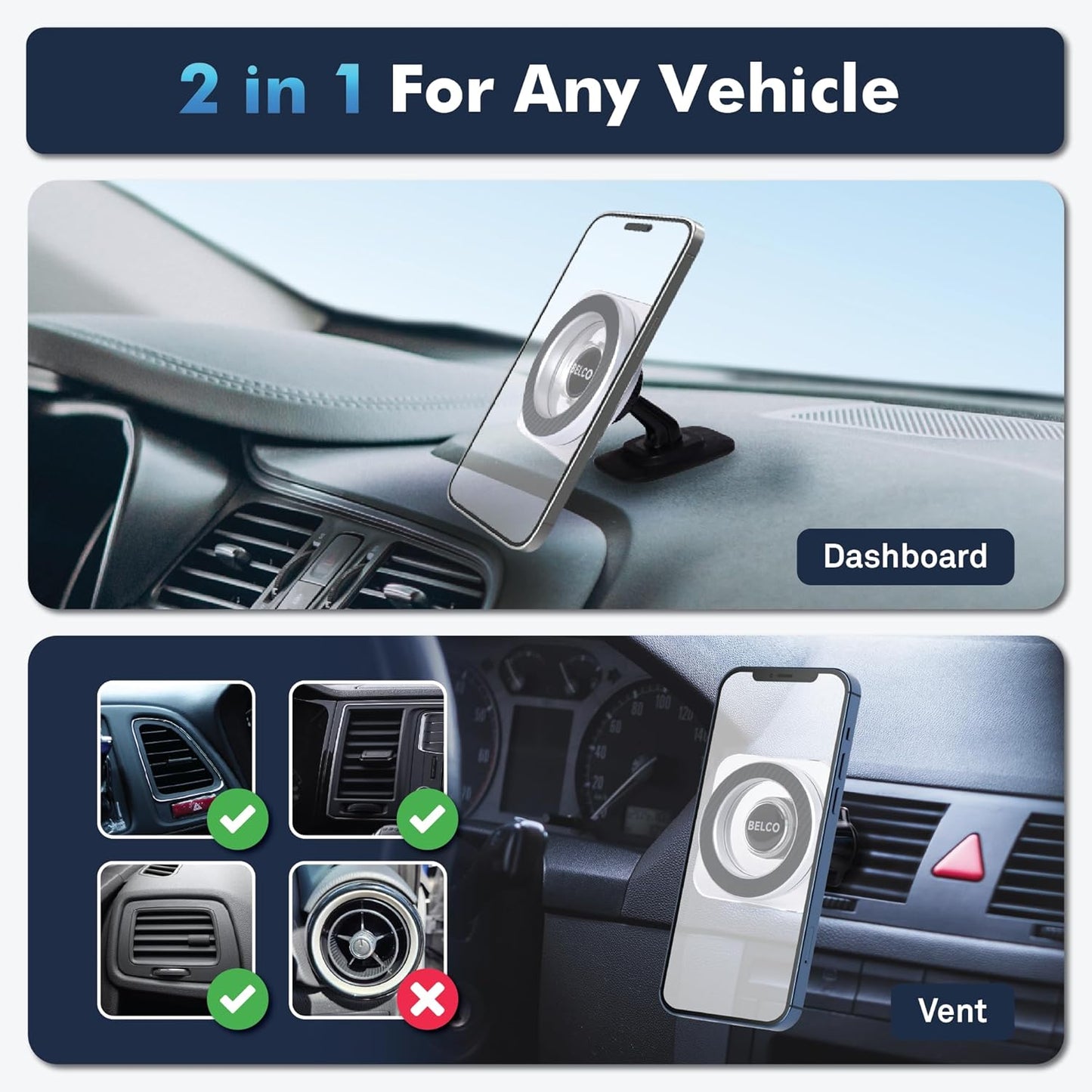 Belco Magnetic Phone Holder for Car – Adhesive Car Phone Mount with 360-degree Rotation for Dashboard and Air Vent – Compatible with iPhone and Android