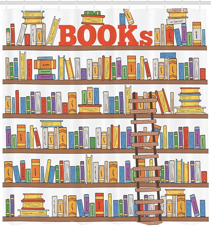 Ambesonne Modern Shower Curtain, Library Bookshelf a Ladder Campus Life Caricature Illustration, Cloth Fabric Bathroom Decor Set with Hooks, 69" W x 70" L, White Coral Multicolor