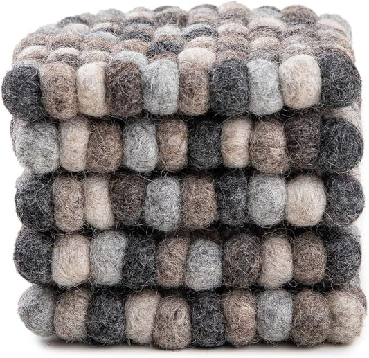 Square Felt Ball Coasters - 100% Merino Wool Table Coasters - Felt Coaster Pads, Absorbent Trivet for Drinks - Heat Resistant, Thick & Durable Hand Felted in Nepal by Woolygon- Multicolor - Set of 5