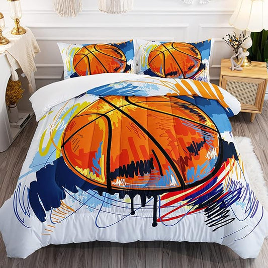 BSNTHO Basketball Comforter Set Boys Sports Bedding Set Twin Size for Kids Teens Hand Drawn Graffiti Style Comforter Design 3 Piece with 1 Comforter 2 Pillowcases