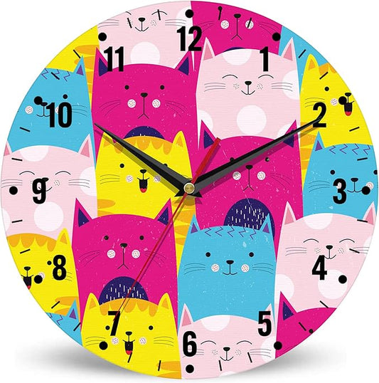 SPUNKER Wall Clocks,Cute Cats Wall Clocks for Living Room Decor,Colorful Kitten Kitchen Clocks Wall Battery Operated - 10 Inch Round Bathroom Wall Clock Silent Non-Ticking