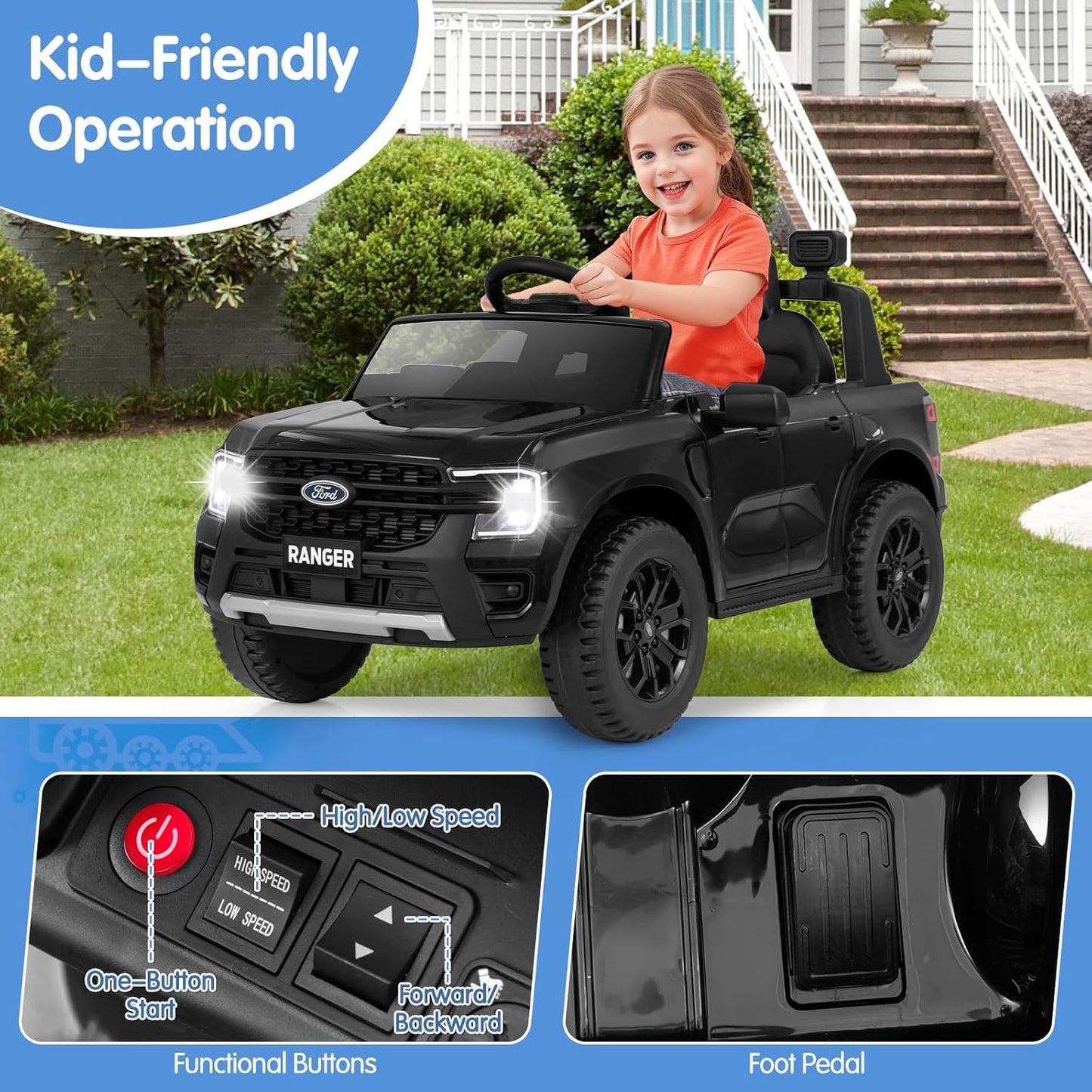 HONEY JOY Ride On Car, 12V Licensed Ford Ranger Electric Vehicle for Kids, Spring Suspension, Music & 3 Speeds, Horn, LED Lights, Battery Powered Ride On Toy with Remote Control(Black)