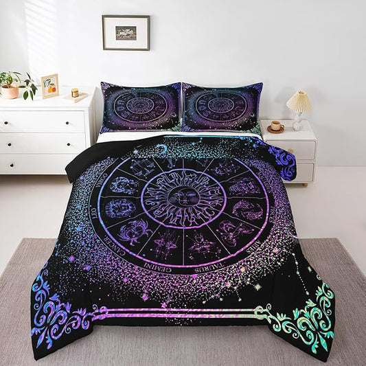 Sun and Moon Comforter Set Zodiac Signs Astrology Bedding Set Twin Constellations Galaxy Down Comforter Spiritual Gifts for Girls Teens Women,Trippy Leo Aquarius Quilt Duvet Set Purple Blue 2 Pcs