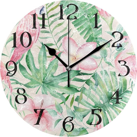 Tropical Plant Green Palm Leaves Pink Flamingo Wall Clock 9.5 Inch Non-Ticking Silent Clocks Round Bathroom Clock Battery Operated Quartz Analog Decorative Desk Clock for Living Room