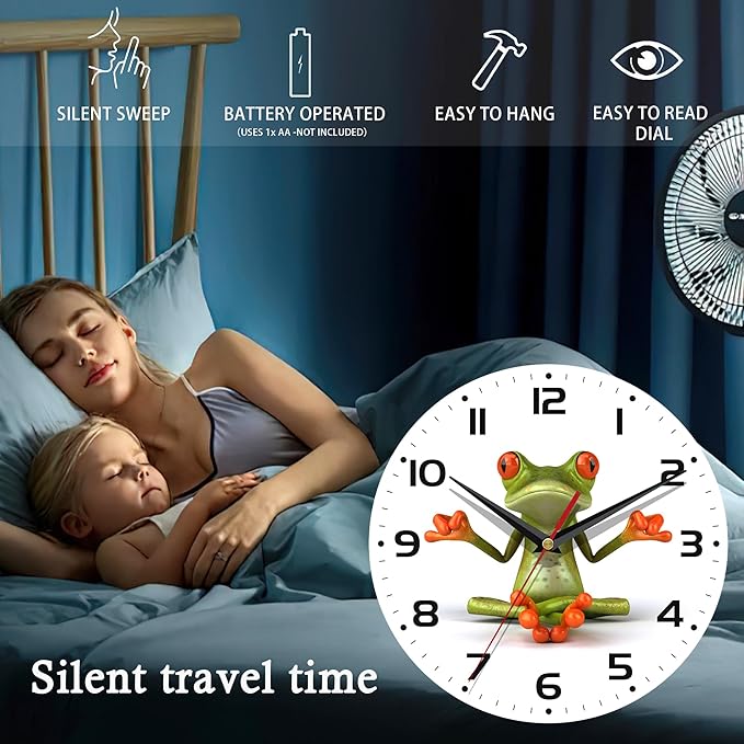 Wall Clock, 10 Inch Silent Non-Ticking Home Kitchen Decor, Battery Operated for Bathroom Bedroom Living Room Office(Funny Frogs)
