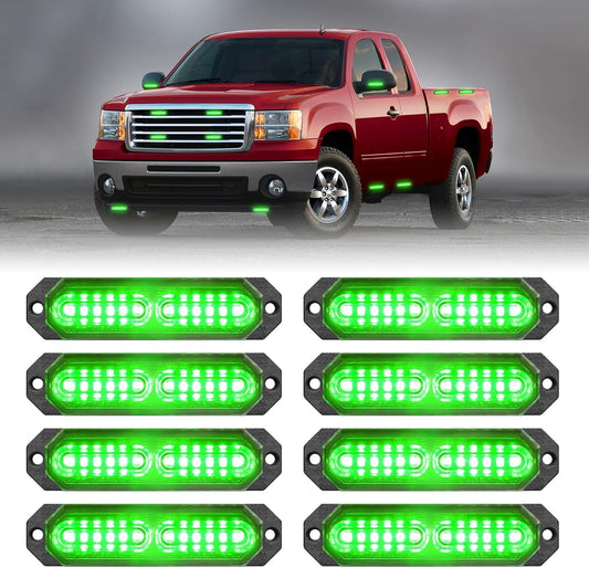 HLauto 1200T Emergency Strobe Grille Lights: 8pcs 12 LED Sync Feature Safety Warning Flashing Lights, Ultra Slim Surface Mount Hazard Caution Lights for Trucks, Vehicles, Car, ATV, UTV (Green)