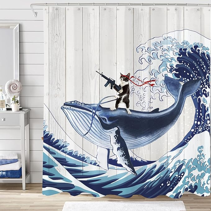 Yookeb Funny Cute Cat Riding Bathroom Shower Curtain Whale Ocean Kids Hilarious Japan Kanagawa Waves Wooden 60W by 71H Inch Polyester Fabric 12 Plastic Hooks Waterproof Decor