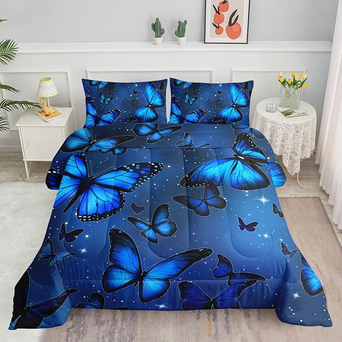 Butterfly Comforter Set for Girls Women - Bright Blue Butterflies in Sky with Stars Printed Bedding Set With 2 Pillowcases (Queen)