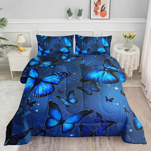 Butterfly Comforter Set for Girls Women - Bright Blue Butterflies in Sky with Stars Printed Bedding Set With 2 Pillowcases (Queen)