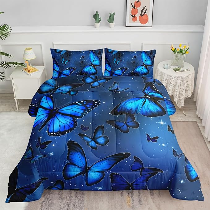 Butterfly Comforter Set for Girls Women - Bright Blue Butterflies in Sky with Stars Printed Bedding Set With 2 Pillowcases (Twin)