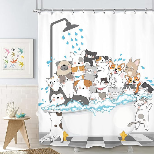 SVBright Funny Cats and Dogs Shower Curtain 60Wx72L Inch Kids Cartoon Cute Pets Animal Bathtub Raining Playing Showering Lovely Boys 12 Pack Hooks Polyester Waterproof Fabric Bathroom Bathtub Panels