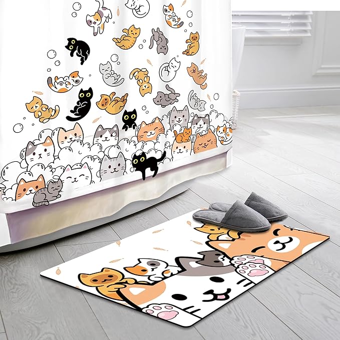 SVBright 2 PCS Shower Curtain Sets with Rug Cute Cat Kids Bathroom Set Nonslip Bathmat Quick Dry Funny Rubber Backed,Dirt Resistant,Bath Rug Mats Washroom Decor Shower Accessories 60Wx72H
