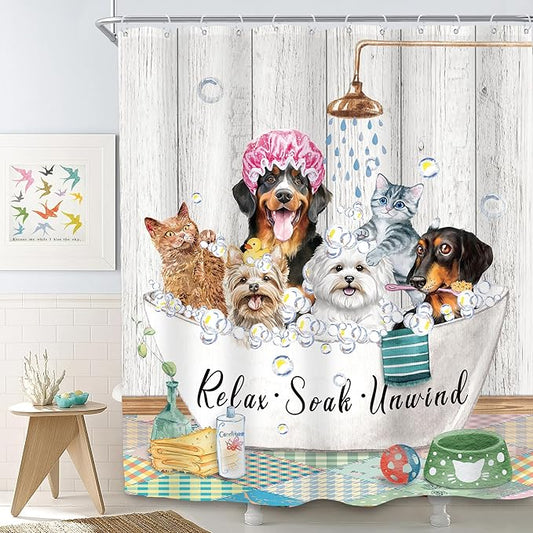 SVBright Funny Kids Shower Curtain 60Wx72L Inch Cute Dogs Cats Animal Taking a Bath in Bathtub Bubbles Farmhouse Hilarious Lovely Pets 12 Pack Hooks Polyester Waterproof Fabric Bathroom Bathtub Panels