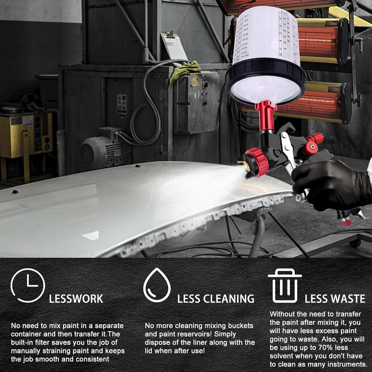 Disposable Paint Mixing Cup Kit,HVLP Paint Sprayer Gun Mixing Cups 20 Ounce (600ml) Kit with 10 Cups and Lids System, 2 Plugs and 1 Hard Cup with Retainer Ring, 1 Cup Adapter,Paint Stirrer (10)