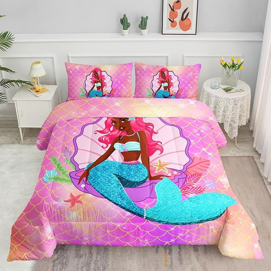 Bedding Comforter Set Black Girl Magic Mermaid Printed Pattern Quilt with 1 and 2 Pillowcases for Girls Bedroom All Season(Black Pink Queen) Queen 90x90inches