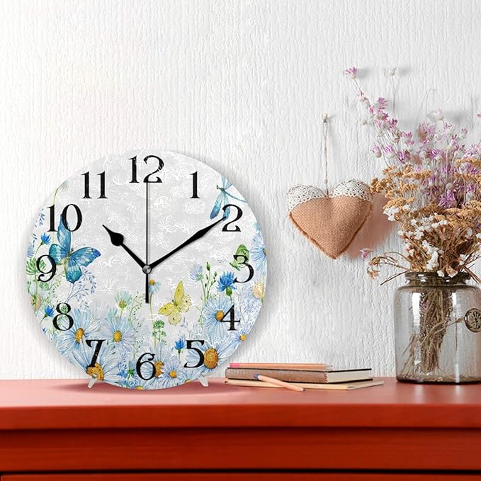 Butterfly Wall Clock Butterflies Clock Wall Decor Battery Operated Floral Clocks Daisies Wall Clock with Butterflies 9.5 in Non Ticking Quartz Analog Bathroom Clock