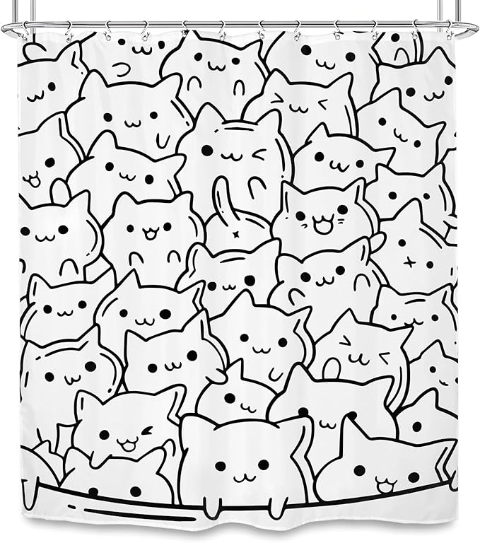 SVBright Cat Shower Curtain 60Wx72L Inch Kids Funny Black White Animal Cute Silhouette Kitty Kitten Simple Line Humor Girls Boys 12 Pack Hooks Polyester Waterproof Fabric Bathroom Bathtub Panels