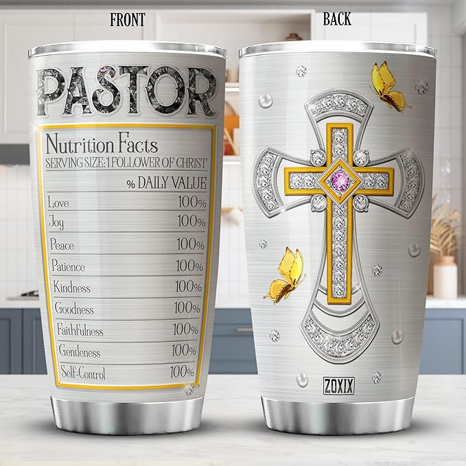 ZOXIX Pastor Tumbler For Men Nutrition Fact Cup With Lid 20oz Jewelry Style Christian Cross Stainless Steel Tumblers For Pastors Ministers Preachers Faith Gifts For Men Religious