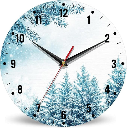 SPUNKER Snowflakes Clock for Bedroom,Winter Forest Wall Clocks for Living Room Decor,Snow Trees Kitchen Clocks Wall Battery Operated - 10 Inch Round Bathroom Wall Clock Silent Non-Ticking