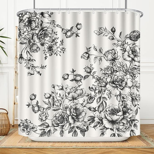 Vintage Floral Shower Curtain Chinoiserie Black White Victorian Style Floral Bathroom Curtain with Hooks Waterproof Fabric Washable Waterproof Curtain for Bathtub Decor 72x72 Inch