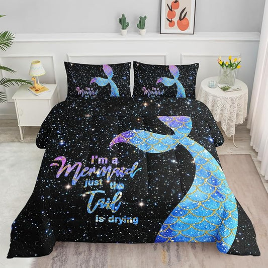 Bedding Comforter Set Black Starry Sky Mermaid Printed Pattern Quilt with 1 and 2 Pillowcases for Girls Bedroom All Season(Black Full) Full 80x90inches