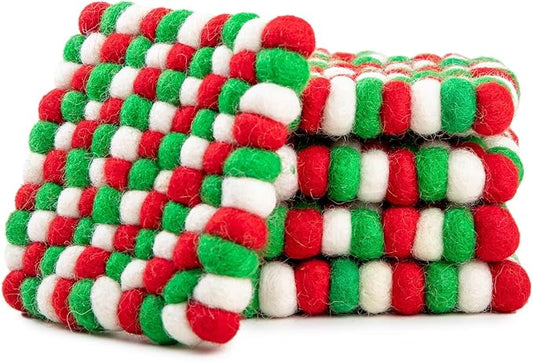 Square Felt Ball Coasters - 100% Merino Wool Table Coasters - Felt Coaster Pads, Absorbent Trivet for Drinks - Heat Resistant, Thick & Durable Hand Felted in Nepal by Woolygon- Multicolor - Set of 5