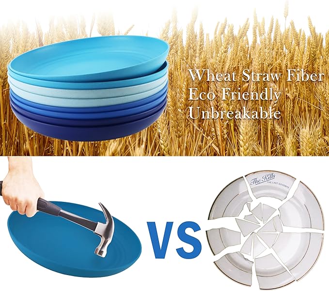 Wheat Straw Dinner Plates, 9 Inch Deep Set of 8, Lightweight & Unbreakable, Microwave & Dishwasher Safe Kids Plates (Blue Series)