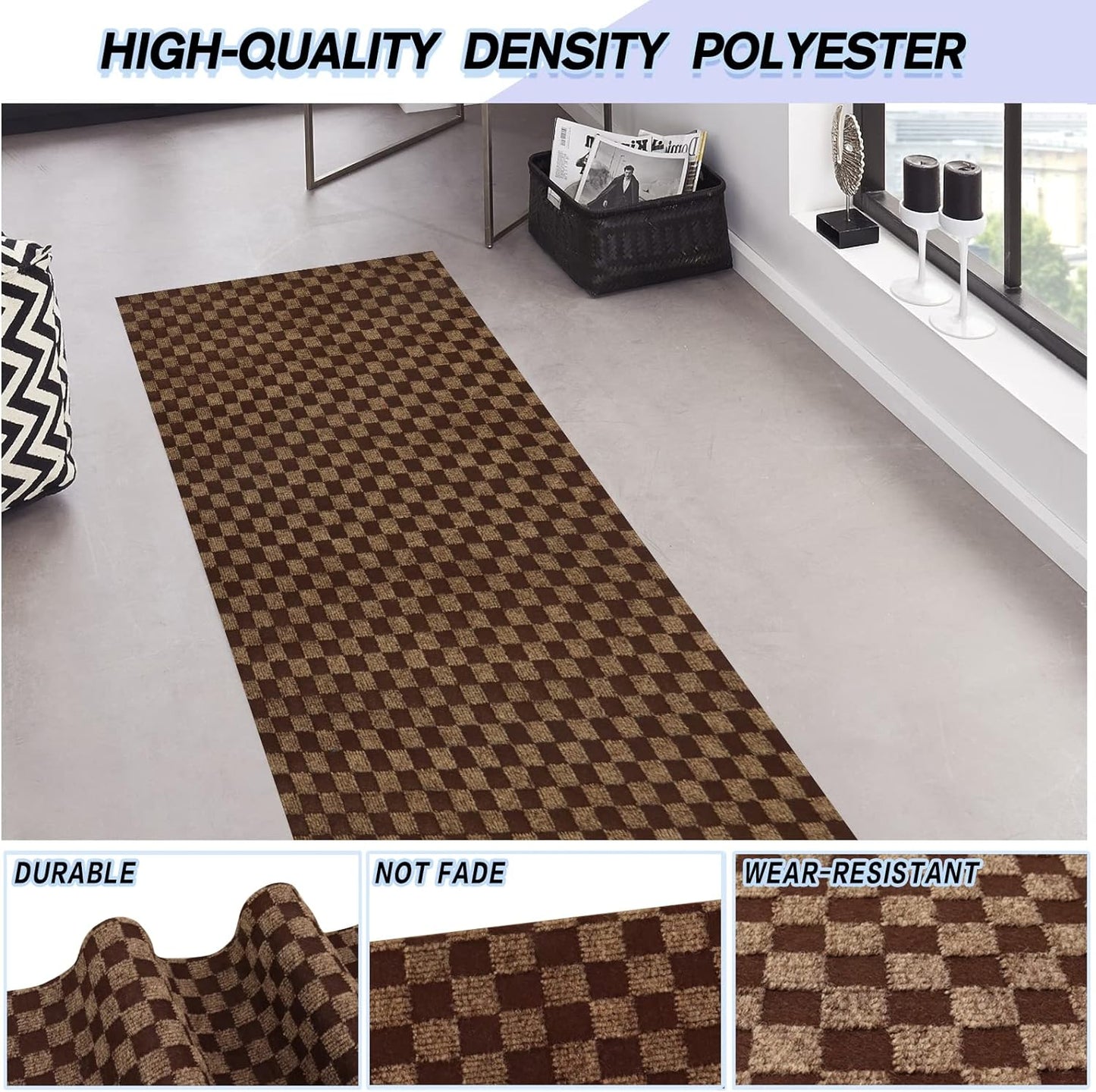Custom Size Backed Non-Slip Area Rugs Runner, Easy Clean, Waterproof Runner Rugs for Hallway Entryway, Kitchen, Laundry, 4FT x 63FT, Brown Checkered