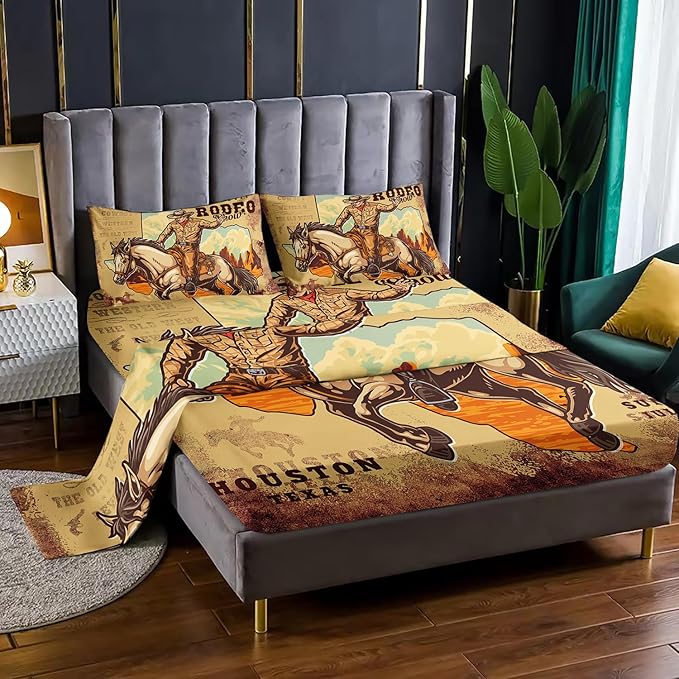 Western Cowboy Horse Pattern Bedding Twin Set - Show Bedspread with 1 Flat Sheet, 1 Fitted Sheet & 2 Pillowcases