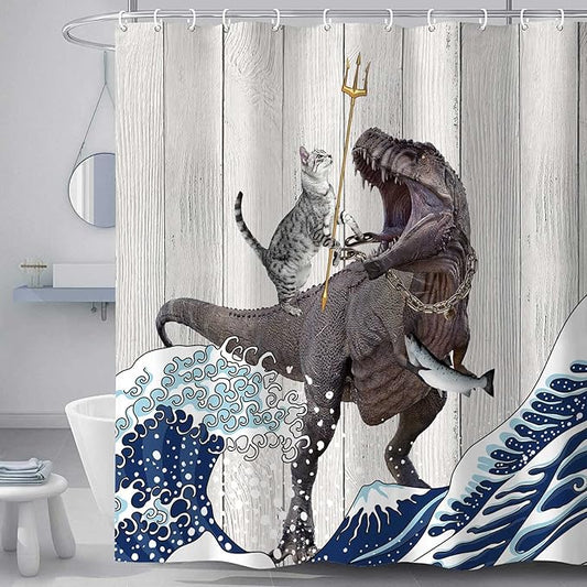 Torich Funny Cat Shower Curtain Set, Cool Cat Dinosaur Japanese Ocean Wave Decor Fabric Bathroom Curtains, Fun Kids Children Animal Rustic Wooden Farmhouse Decor Polyester 72X84in