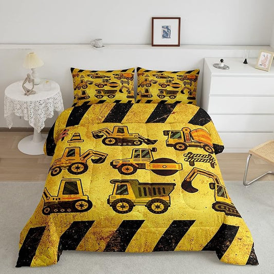 Boys Excavator Bedding Set Queen Size Kids Construction Vehicles Comforter For Kids Children Cartoon Machinery Truck Comforter Set Construction Site Cars Tractor Duvet Set 3Pcs With 2 Pillow Cases