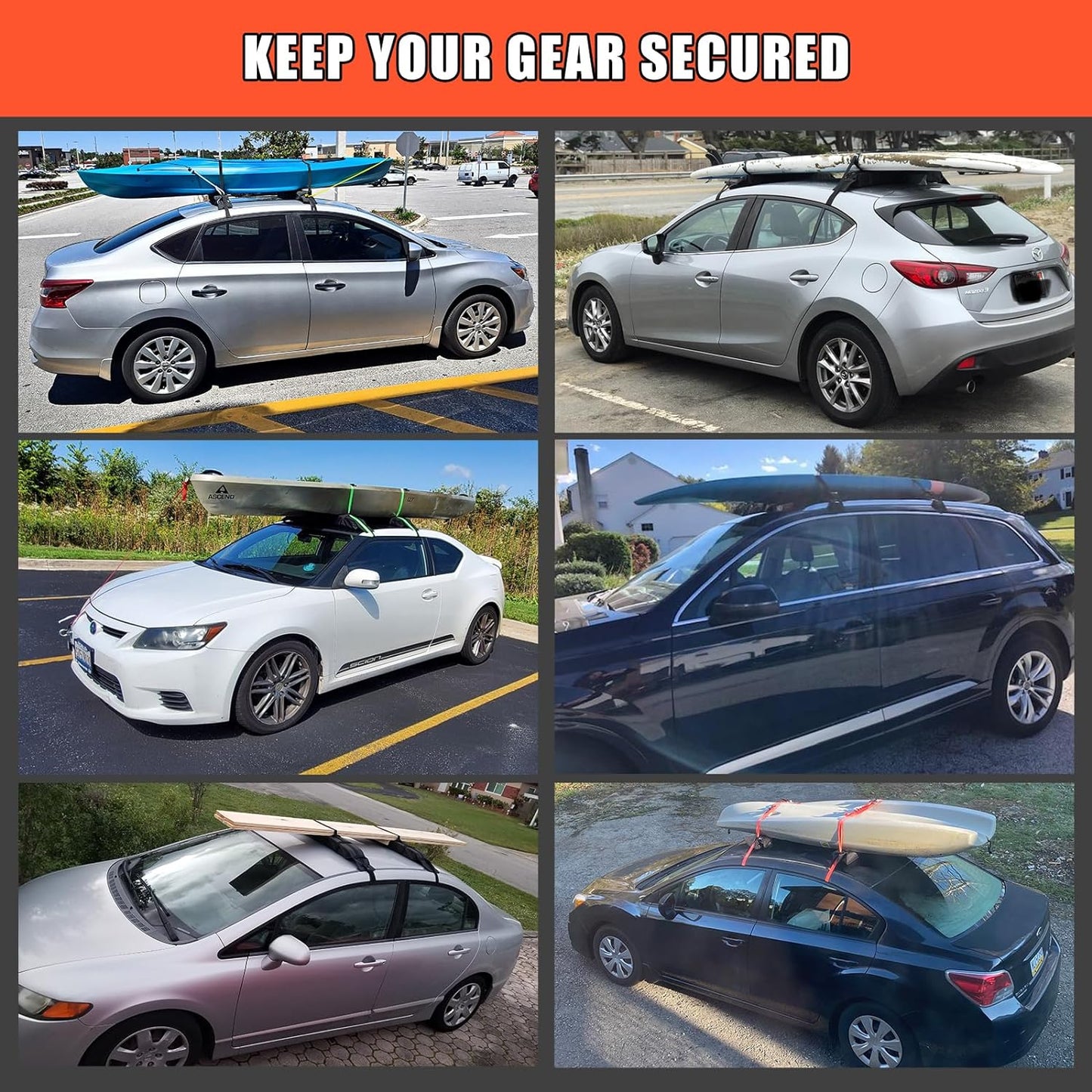 Universal Car Soft Roof Rack Pads Luggage Carrier System for Kayak Surfboard SUP Canoe Include 2 Heavy Duty Tie Down Straps, 2 Tie Down Rope, 2 Quick Loop Strap (Use with Crossbar)