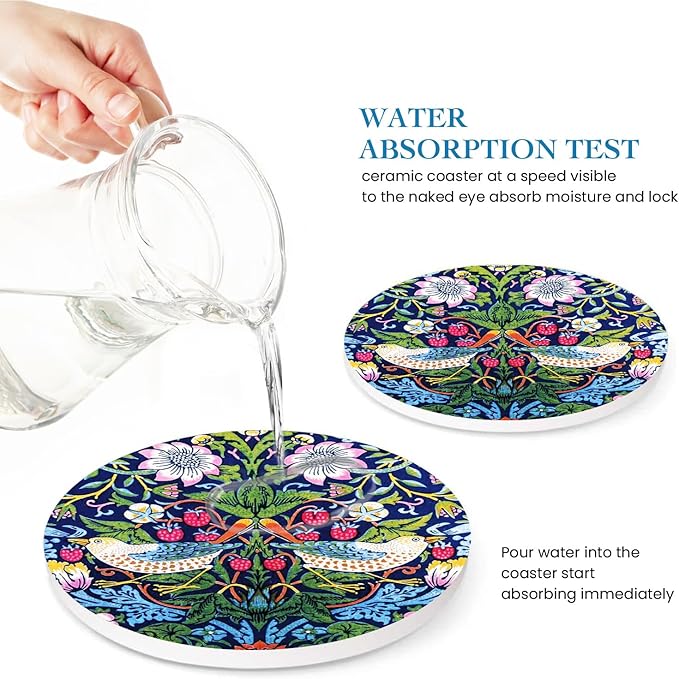 William Morris Flower Coasters Set of 6 for Drinks,Round Absorbent Ceramic Stone Coaster with Metal Holder,Morris Strawberry Thief Floral Coasters with Cork Base for Coffee Party Decor Gifts