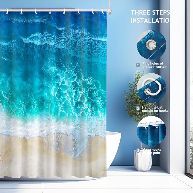 Vimorco Shower Curtain Ocean Beach, Blue Shower Curtains for Bathroom, Waterproof Quick-Dry Polyester Fabric Showers Curtain, Bathroom Curtains Set, Bath Decor, 72''x 72''