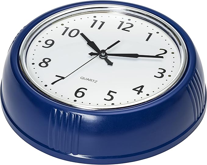 Bernhard Products Retro Wall Clock 12 Inch Navy Blue Kitchen 50's Vintage Design Round Silent Non-Ticking Quartz Battery Operated Clocks for Home Office School Classroom Kids Bedroom Living Room