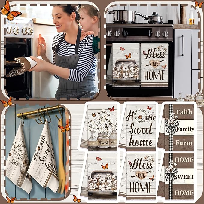 TecUnite 6 Pcs Farmhouse Rustic Kitchen Towels Farm Cotton Dish Towels Decorative Vintage Hand Towel for Cleaning Drying Wiping Tasks Women Mom Gifts Home Living Room Decor