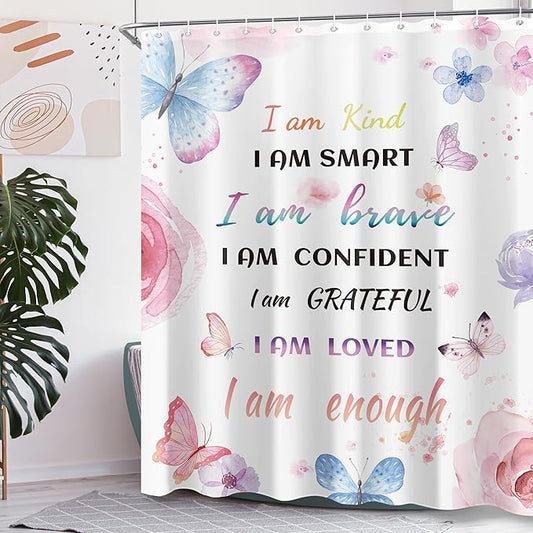 Watercolor Butterfly Inspirational Quote Shower Curtain Sets for Bathroom 60Wx72H Colorful Flower Floral Butterfly Shower Curtain Girls Bathtub Curtain Motivational Positive Bathroom Decor