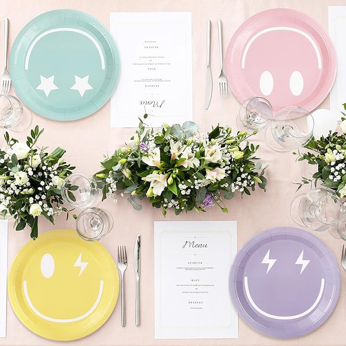 Whaline Pastel Smile Paper Plates 4 Designs Disposable Plates 9 Inch Dinner Dessert Plates for Birthday Wedding Party Supplies Table Decor, 40Pcs