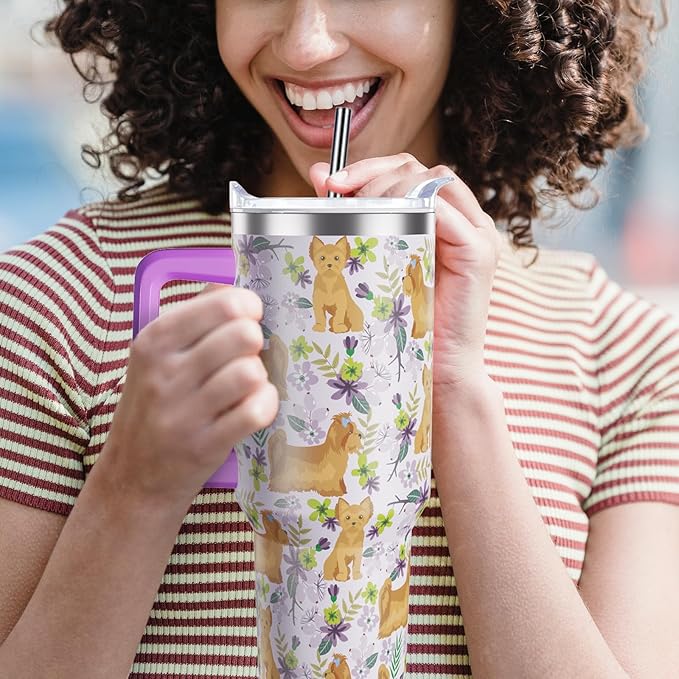 Yorkie Gifts for Women Dog Lovers 40 oz Floral Yorkie Tumblers with Handle and Straw, Stainless Steel Vacuum Insulated Travel Coffee Mug Cup Water Bottle