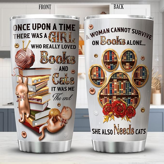 ZOXIX Stainless Steel Cat Lover's Tumbler, 20 oz, Insulated Coffee Mug with Lid, Bookish Reading Gift for Girls